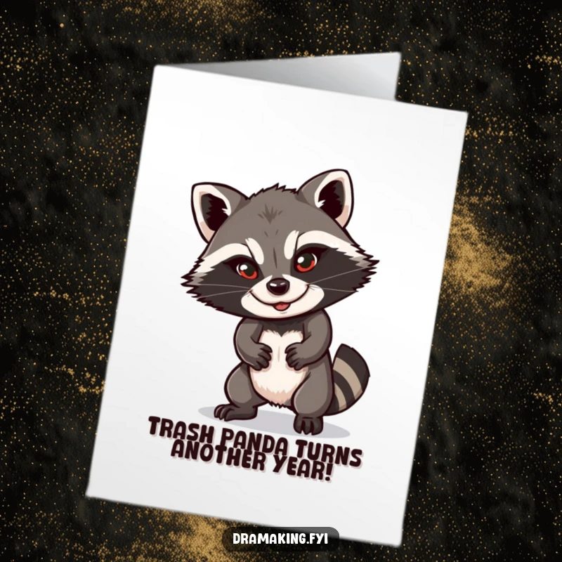 Funny free printable raccoon birthday card, playfully posing with a sly smile, ready to deliver birthday cheer.