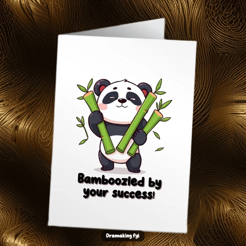 Funny Free Printable Panda Congrats Card: Panda winking playfully, juggling three oversized bamboo shoots with great concentration.
