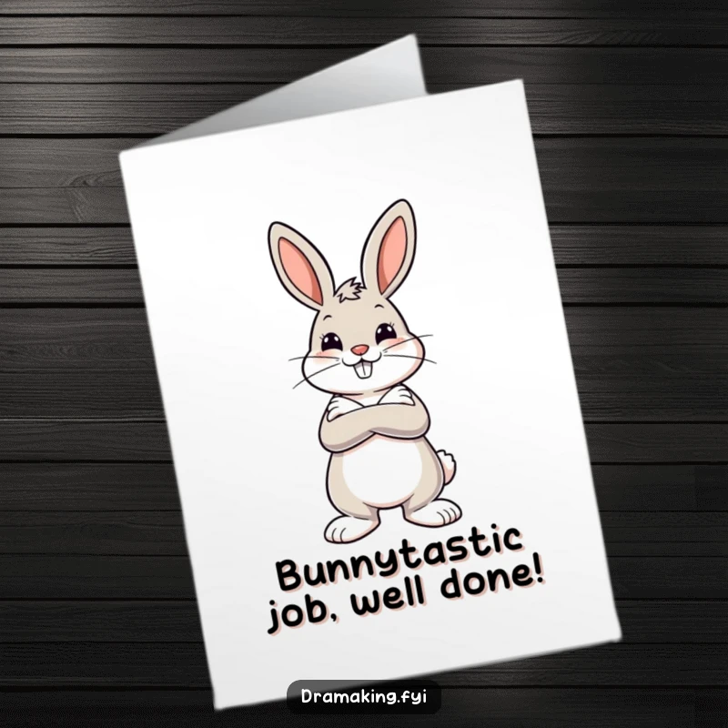 Funny Free Printable Congratulations Card: A cheerful bunny strikes a dramatic pose with crossed arms, exuding confidence in their win.