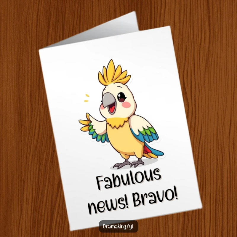 Free Printable Congratulations Card: Proud, colorful parrot dramatically announces good news to viewer.