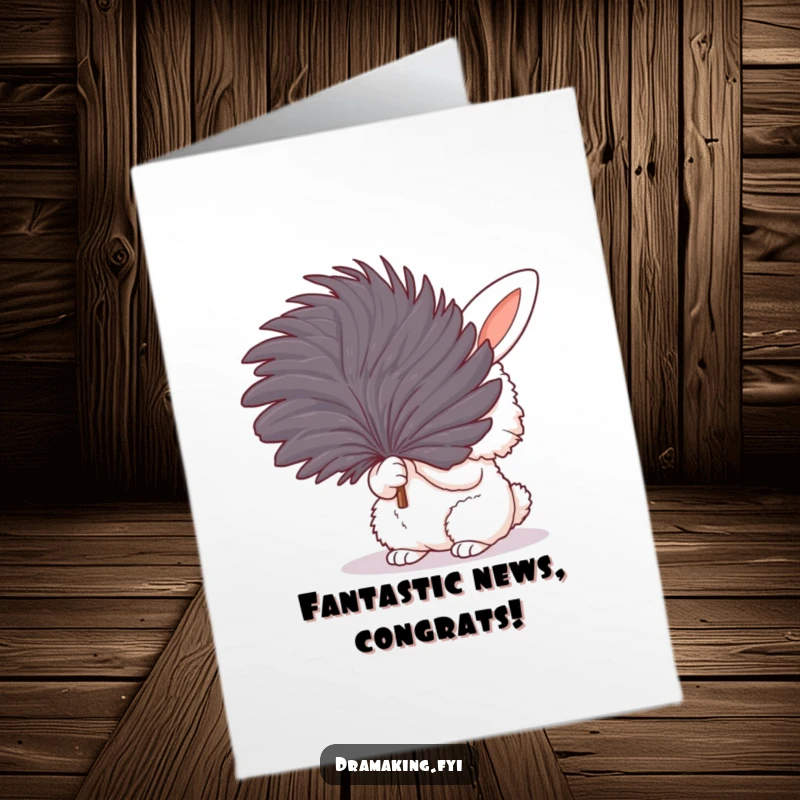 Funny Free Printable Congrats Card: Fluffy bunny dramatically fanning with a large feather, expressing relief and a touch of diva.