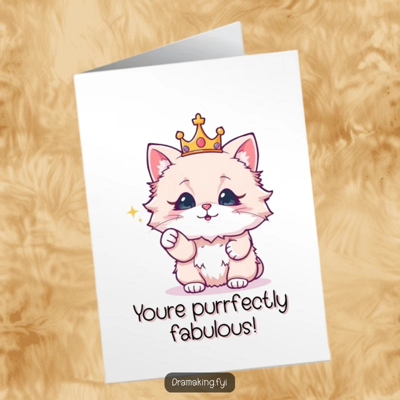 Funny Free Printable Congratulations Card: Cat wearing crown points at a sparkling object, sophisticated downloadable.