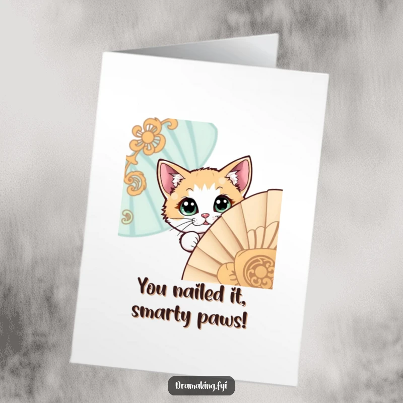 Funny Free Printable Congratulations Card: A very curious cat with huge eyes peeking out from behind a grand, decorative fan, celebrating success.