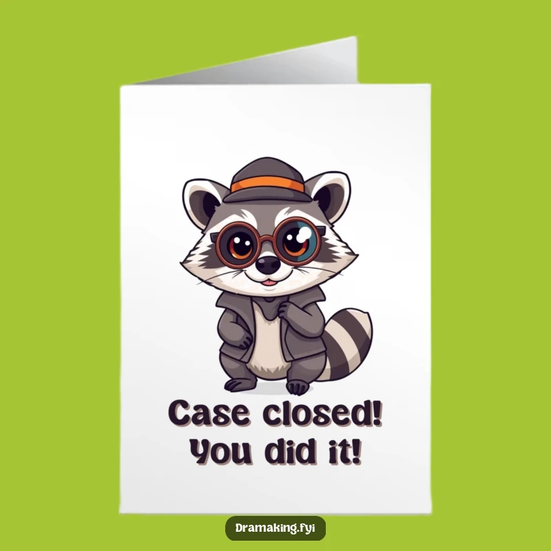 Free Printable Congrats Card: Raccoon Detective, Solved Case, Downloadable Clever Gift