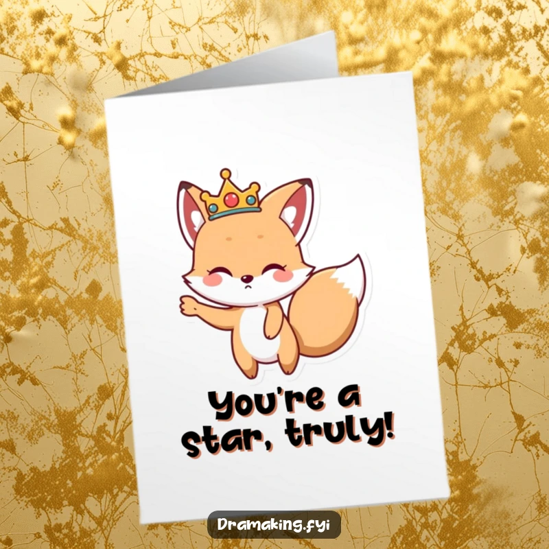 Funny Free Printable Congratulations Card: Cute fox in a crown strikes a dramatic pose, celebrating a royal win. Print now.
