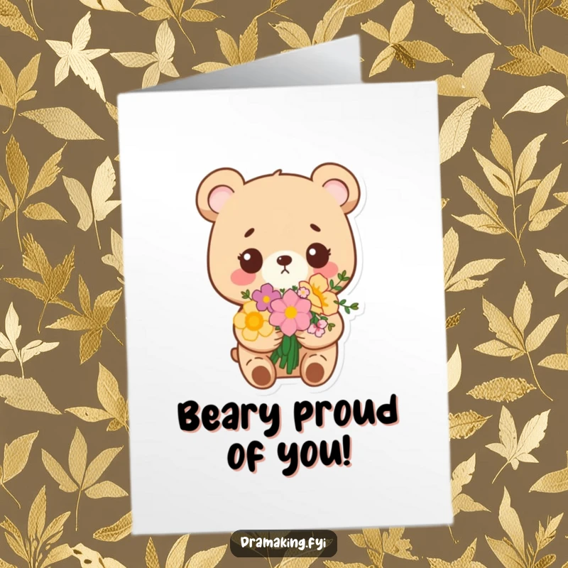 Funny Free Printable congrats card: a bear looking overly pleased with itself holds a bouquet of flowers, celebrating an achievement.