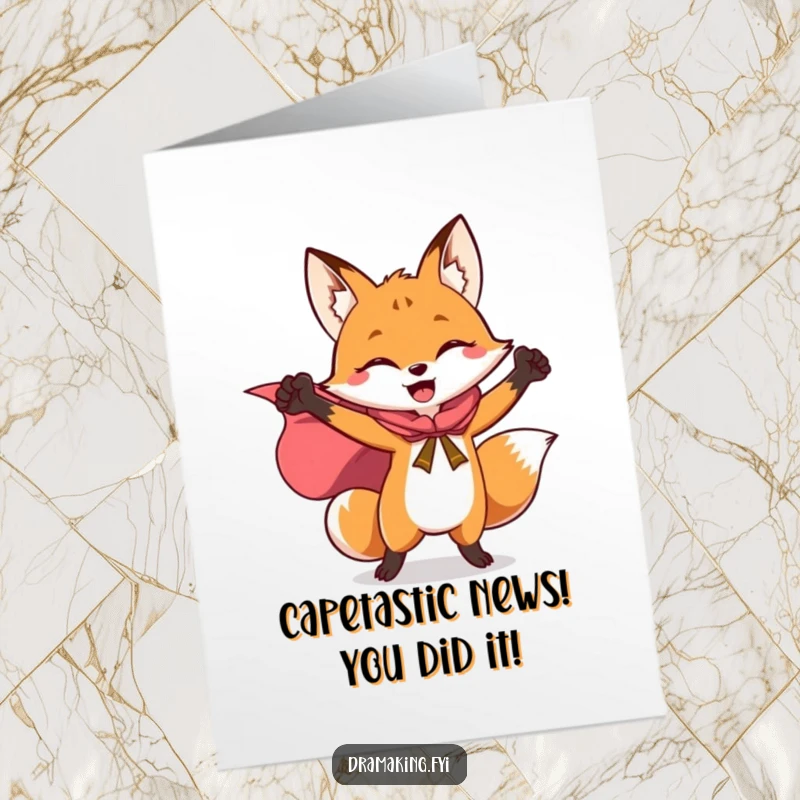 Funny Free Printable Congrats Card: A joyful fox with a flowing cape strikes a heroic, triumphant pose.