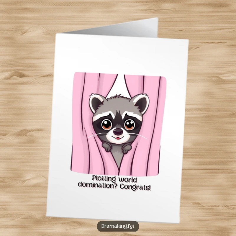 Funny Free Printable Congratulations Card: A curious raccoon peeking from behind a curtain, eyes wide with excitement for their win.