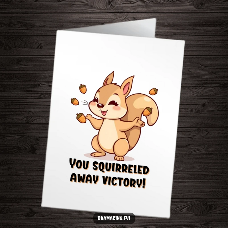 Funny Free Printable Congratulations Card: Dramatic squirrel tossing shiny acorns in the air to celebrate a major accomplishment.
