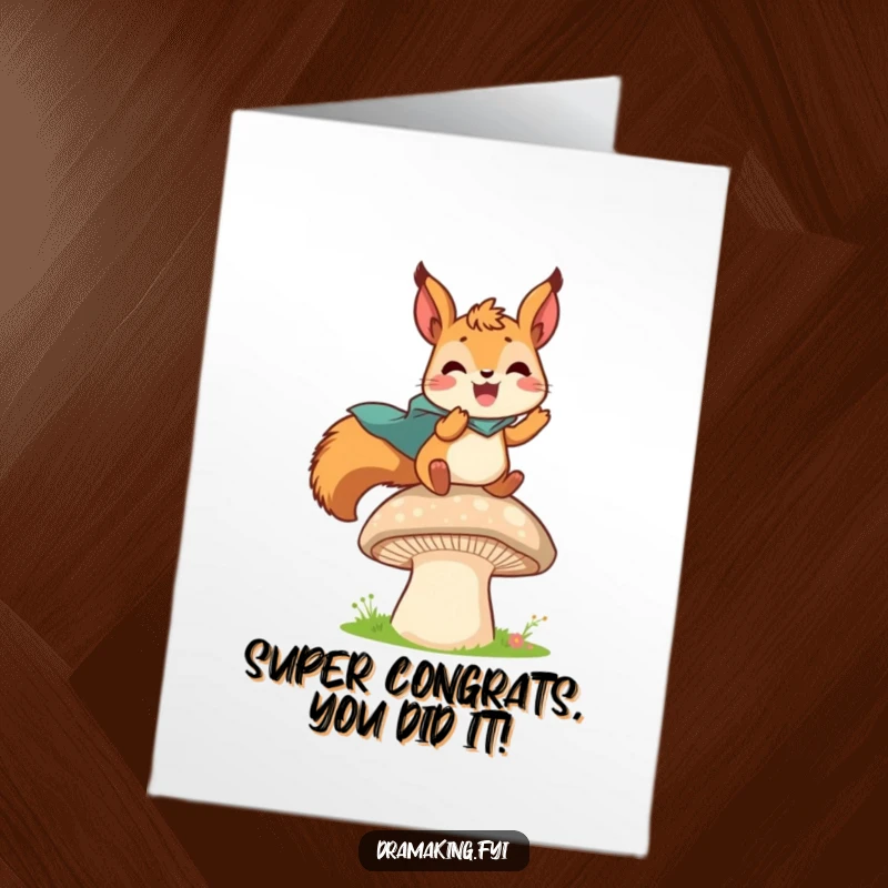 Funny Free Printable Congratulations Card: A delighted squirrel with a tiny cape leaps from a mushroom, symbolizing a great achievement.