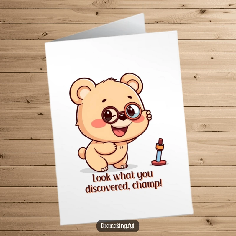 Funny Free Printable Congrats Card: Smiling bear cub with a monocle excitedly points towards a distant, noteworthy object.