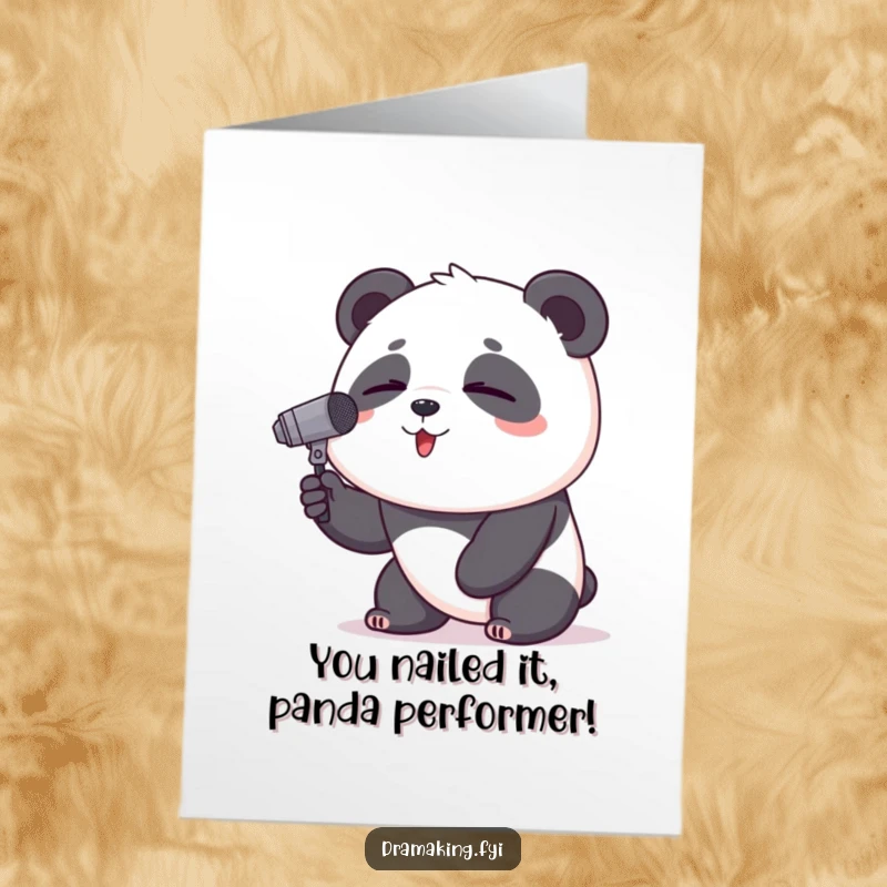 Funny Free Printable Congratulations Card: Proud panda serenading success with a microphone and closed eyes, a true champion.
