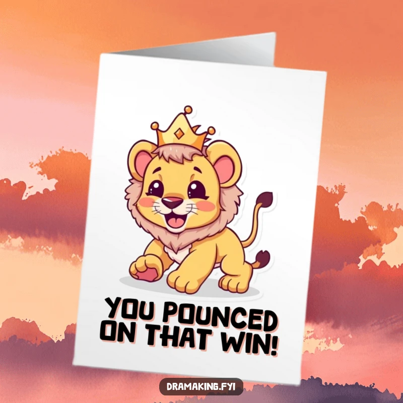 Funny Free Printable Congratulations Card: A beaming lion cub wearing a small crown playfully pounces triumphantly.