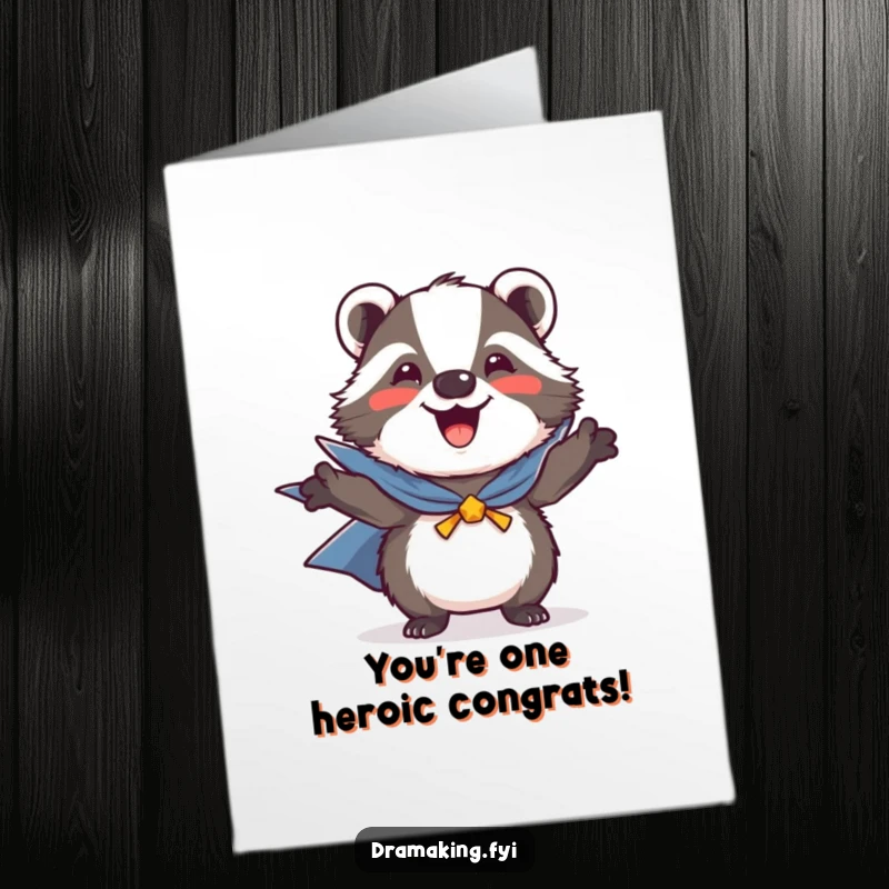 Funny Free Printable Congratulations Card showing a brave badger in a cape, heroically celebrating your amazing success. Great downloadable art.