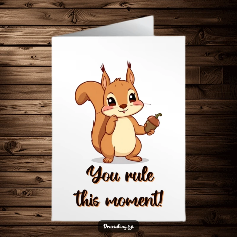 Funny Free Printable Congratulations Card: a squirrel holding a tiny acorn aloft like a scepter, decreeing success with dramatic flair.