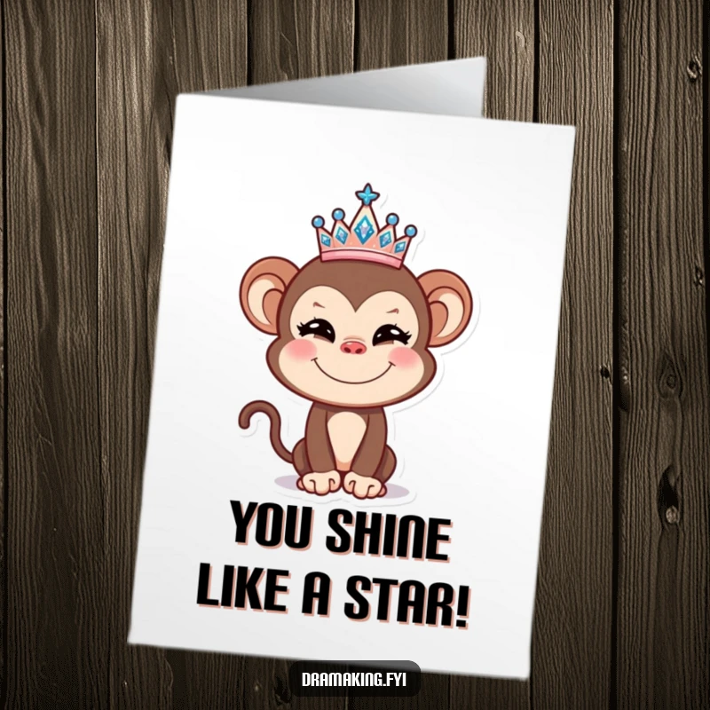 Funny free printable congratulations card: Playful monkey balancing a tiny, sparkly tiara, celebrating a grand achievement with a wink.