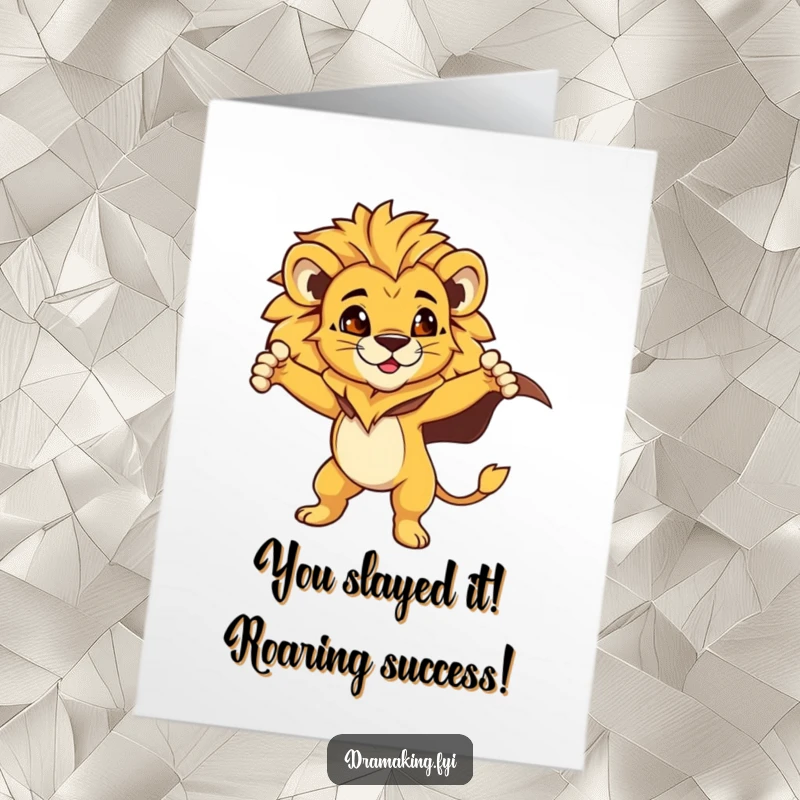 Funny Free Printable Congratulations Card showcasing a proud lion cub hero striking a dramatic, cape-flowing pose.