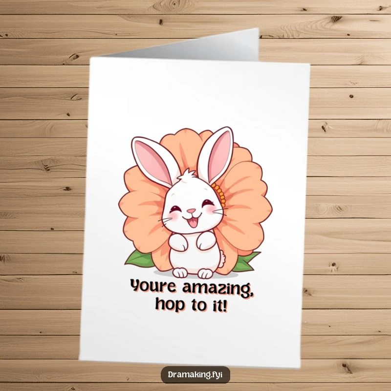 Funny Free Printable Congratulations Card: A happy rabbit with a twinkle peeking playfully from behind a giant flower.
