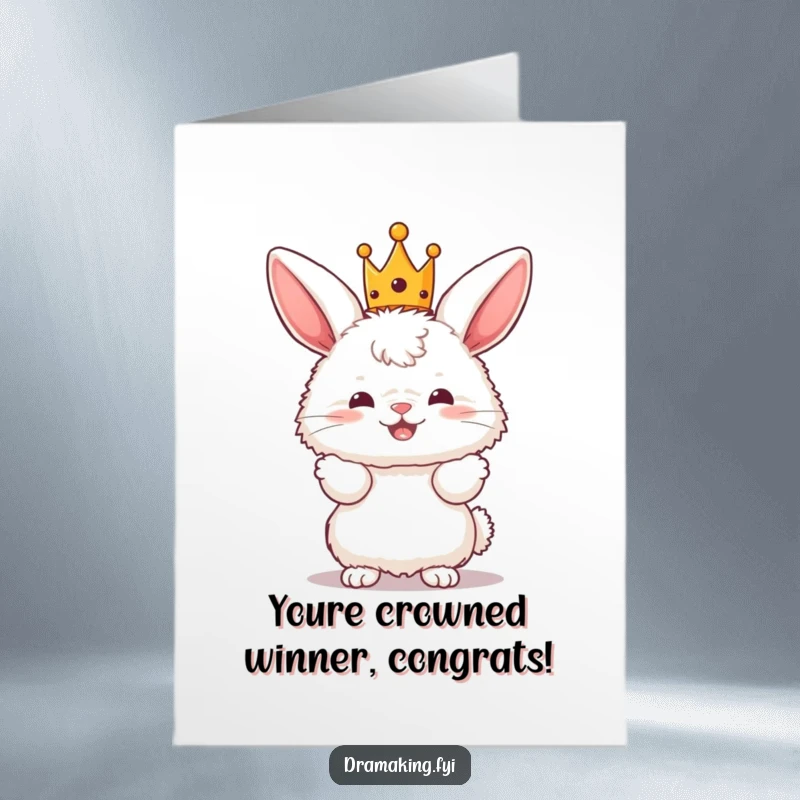 Funny Free Printable Congrats Card with a fluffy bunny wearing a crown, striking a dramatic pose to celebrate big wins.