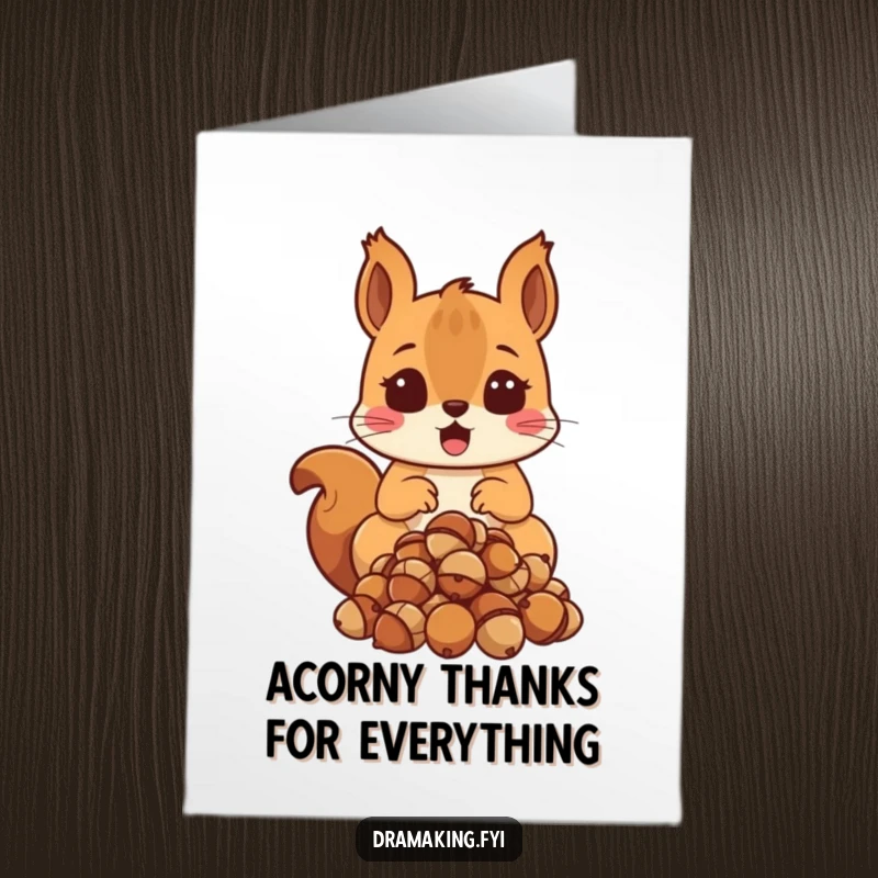 Funny Free Printable Thank You Card: A surprised squirrel drops its acorns, a funny symbol of thanks for unexpected help.