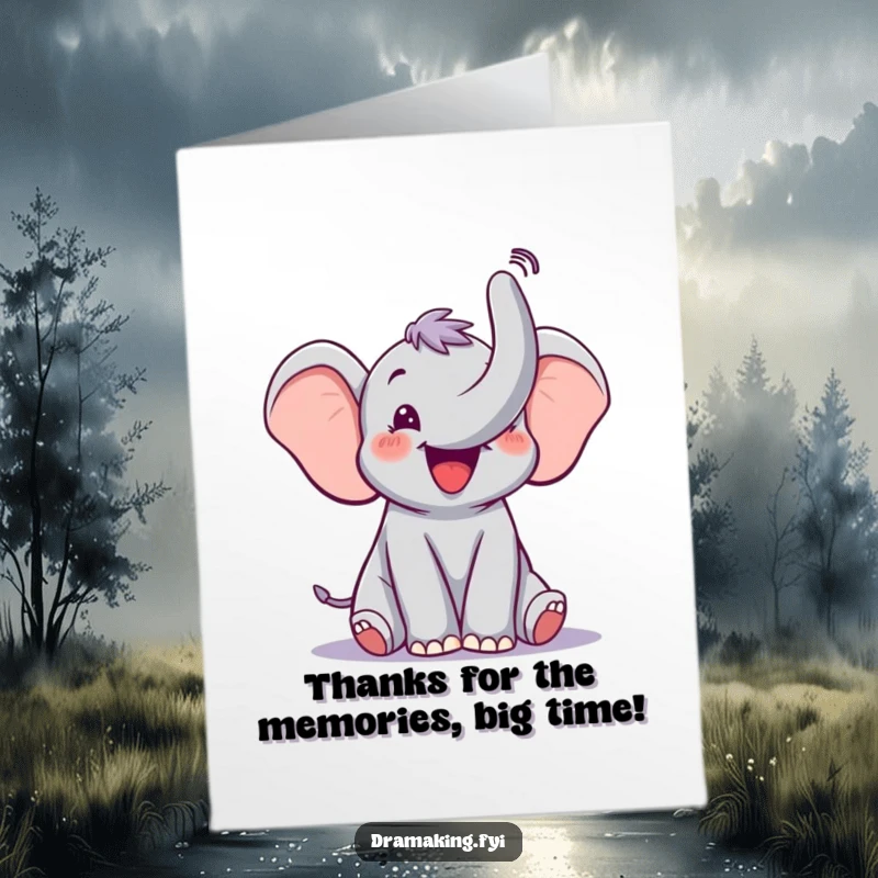 Funny free printable thank you card: A happy elephant trumpets with its trunk raised, conveying immense gratitude with theatrical joy.