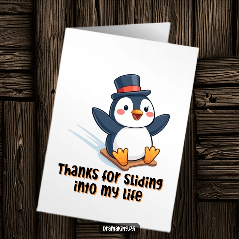 Funny Free Printable Thank You Card: A delighted penguin in a top hat slides down an icy slope expressing thanks.