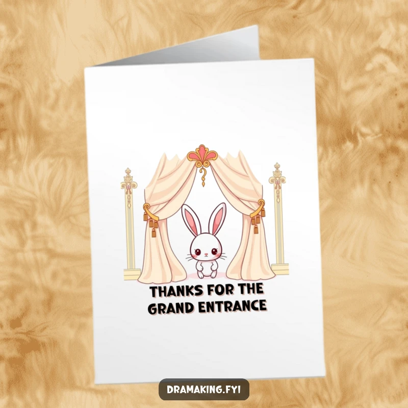 Funny Free Printable Thank You Card: Curious rabbit peeking from behind a curtain, ready for a dramatic thank you reveal.
