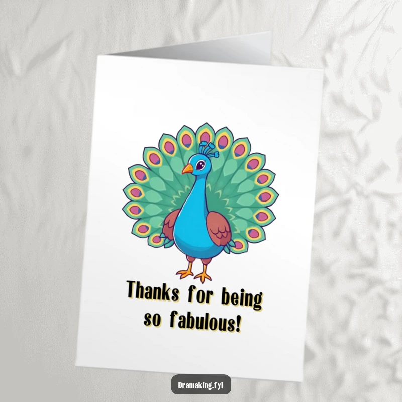 Funny Free Printable Thank You Card featuring a stunning peacock posing regally with its elaborate tail feathers fanned out in gratitude.
