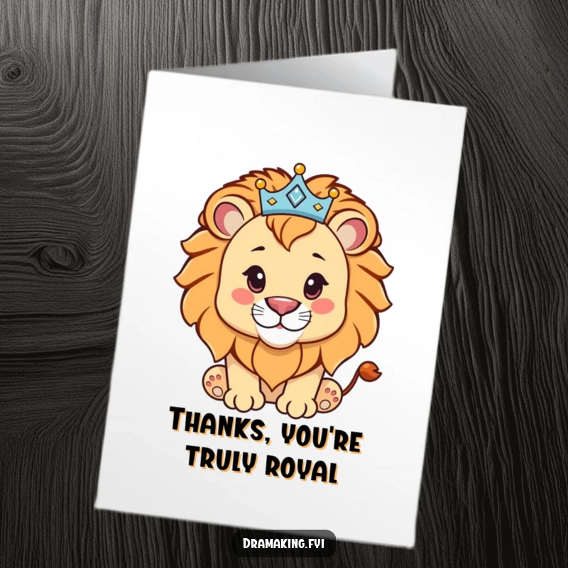 Funny Free Printable Thank You Card: A proud lion cub wearing a small crown, expressing heartfelt thanks.