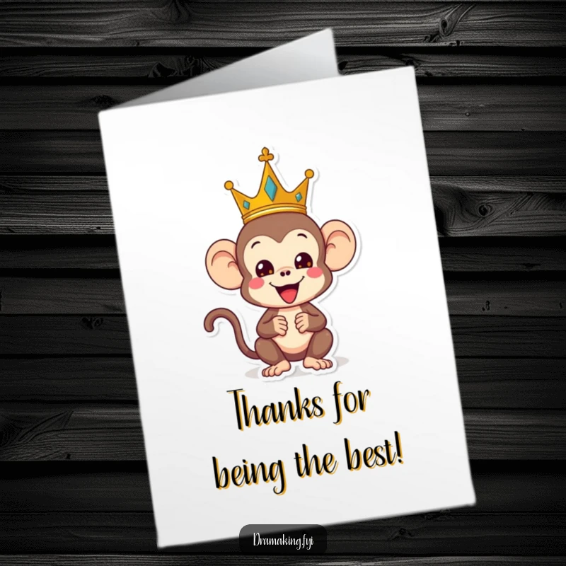 Funny Free Printable Thank You Card: A playful monkey wearing a crown strikes a silly, regal pose, expressing thanks.