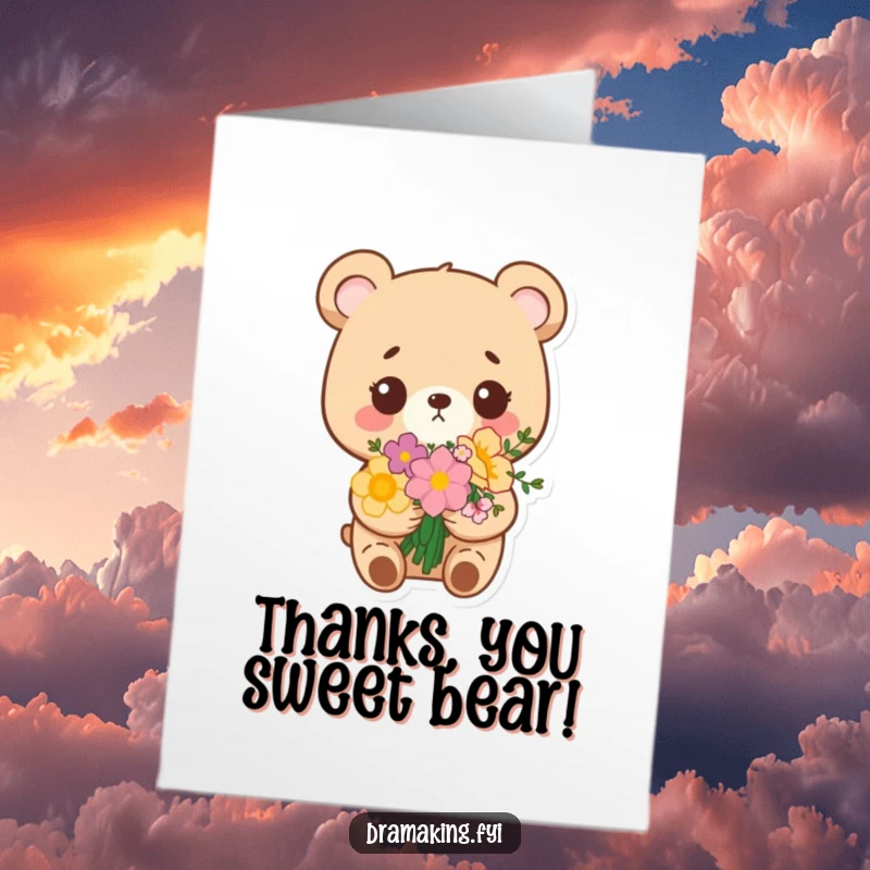 Funny Free Printable thank you card: a bear with a bouquet of flowers looks incredibly pleased with its own gift-giving prowess.