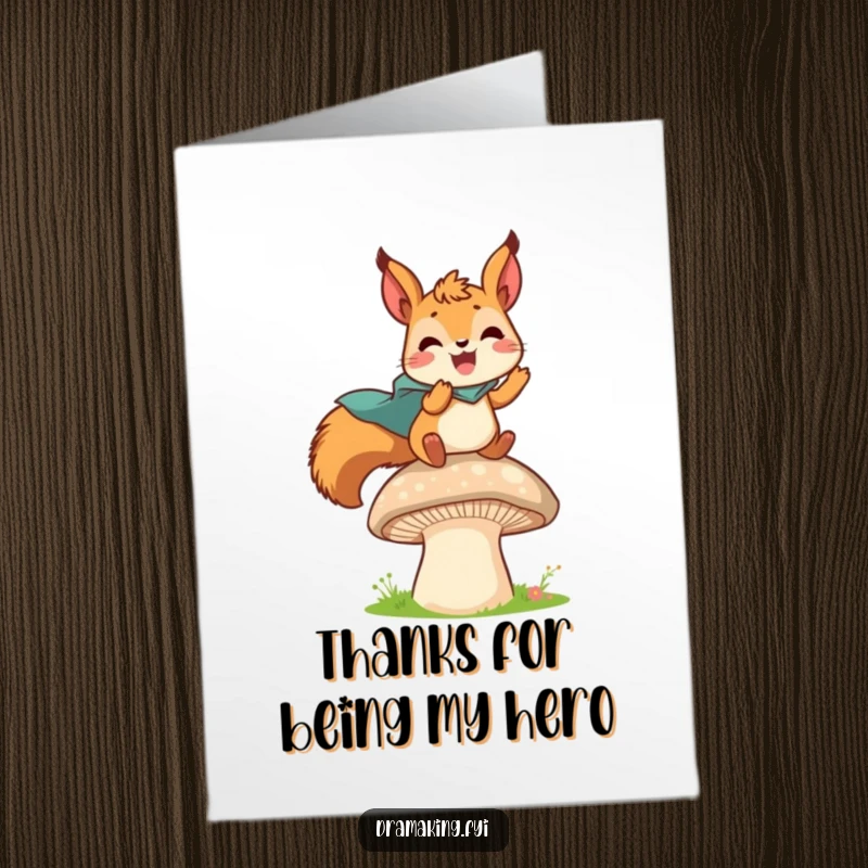Funny Free Printable Thank You Card: A delighted squirrel in a tiny cape leaps from a mushroom, expressing thanks with energy.