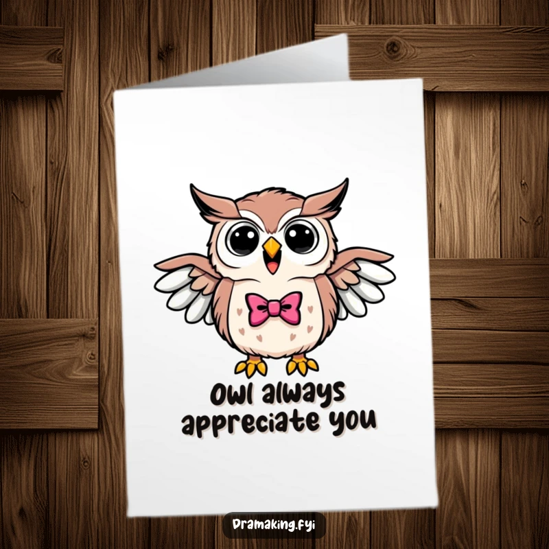 Funny Free Printable Thank You Card: Triumphant owl wearing a bowtie hoots loudly, wings outstretched to express thanks.
