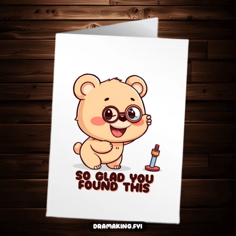 Funny Free Printable Thank You Card: Bear cub wearing a monocle points excitedly, expressing thanks with wonder.