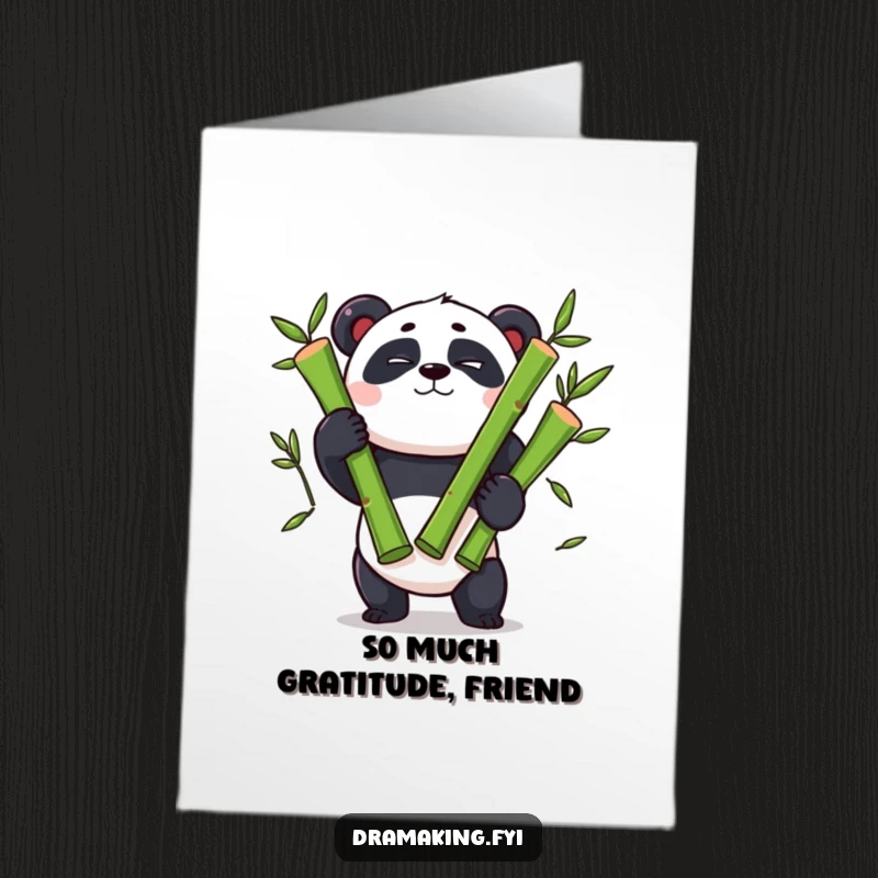 Funny Free Printable Panda Thank You Card: Panda winking, juggling bamboo shoots with concentration, expressing thanks with humor.