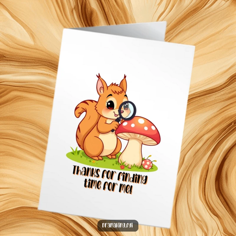 Funny Free Printable Thank You Card: Squirrel intently looking at a mushroom through a magnifying glass, humorous thanks, downloadable.