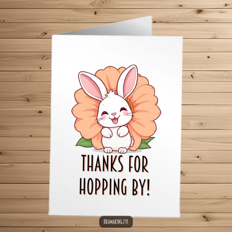 Funny Free Printable Thank You Card: A happy rabbit with a knowing twinkle peeking from behind a large flower.