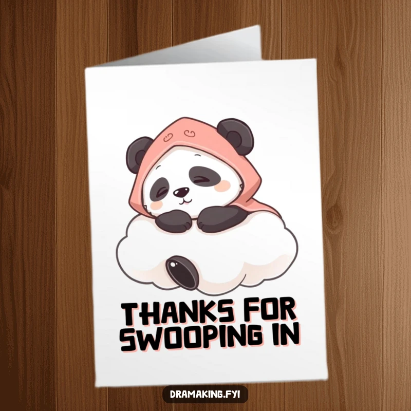 Funny Free Printable Thank You Card: A contented panda with a tiny cape naps on a fluffy cloud thankfully.