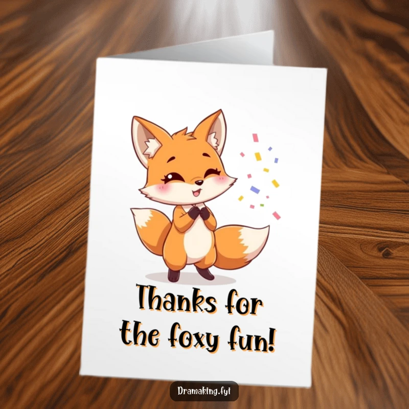 Funny Free Printable Thank You Card: A charming fox dramatically throws confetti while striking a memorable, thankful pose.