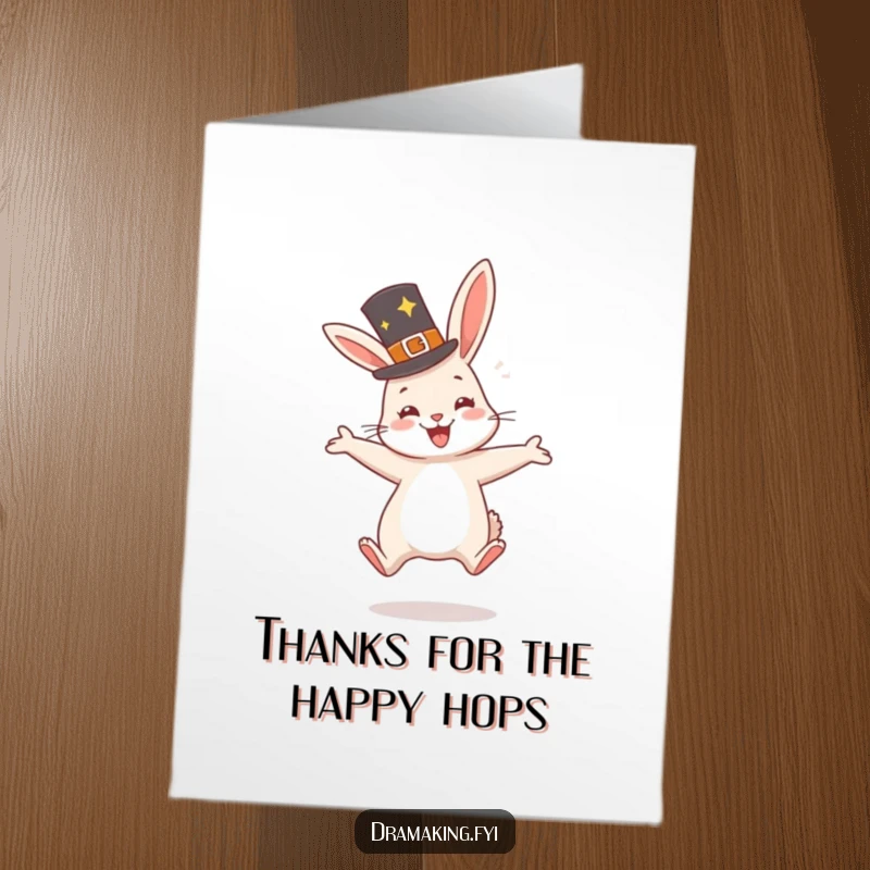 Funny free printable thank you card of a very happy rabbit in a fancy hat jumping with glee, perfect for thanks.