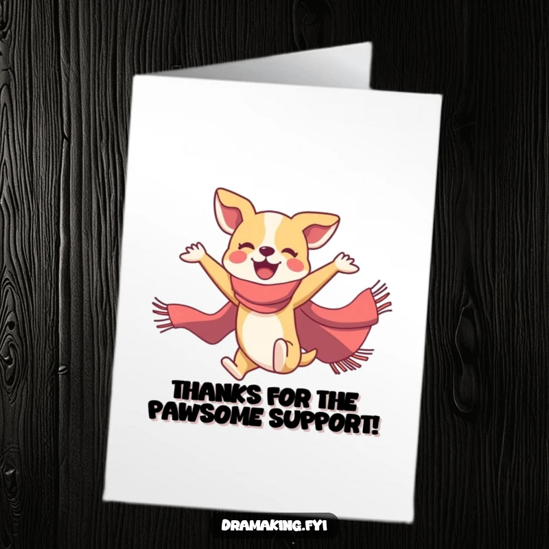 Funny Free Printable Thank You Card: Graceful dog with scarf in ballet pose, thanking you.