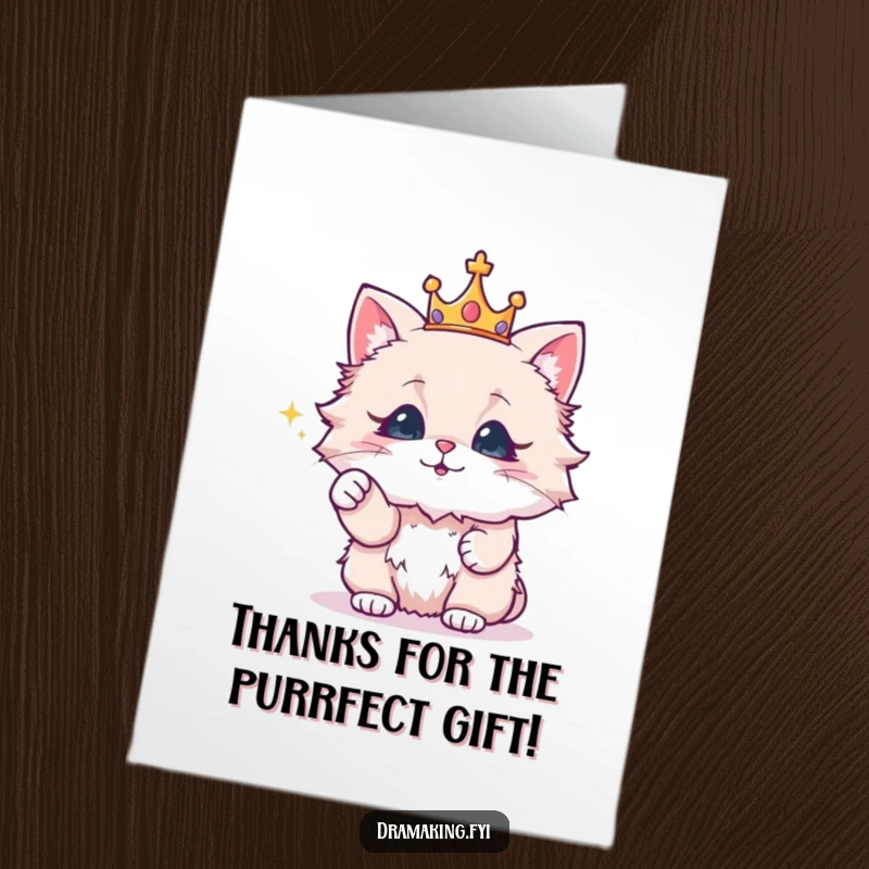 Funny Free Printable Thank You Card: Fluffy cat in crown dramatically points at a small sparkling object, cute downloadable.