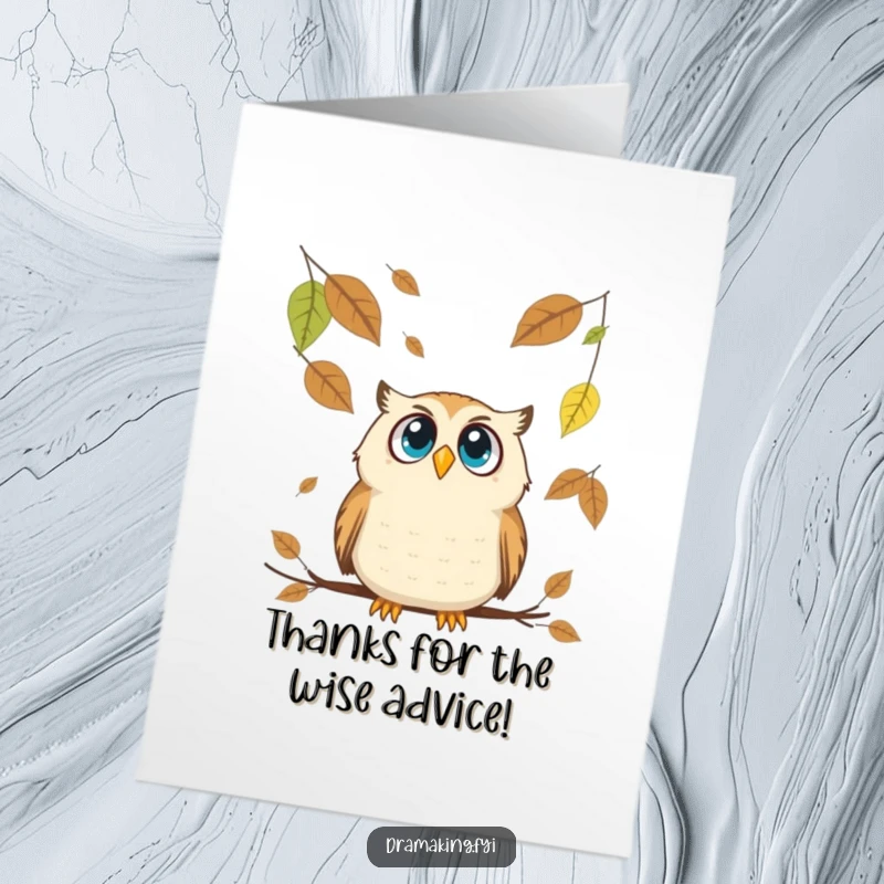Funny Free Printable Thank You Card: An owl with shocked eyes looking up as oversized leaves descend, expressing surprise thankfulness.