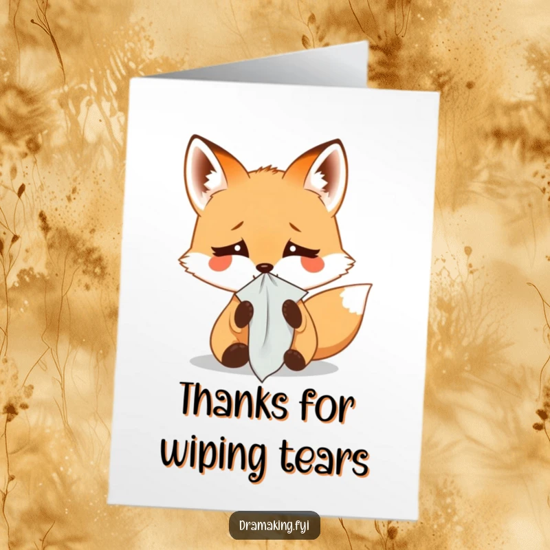 Funny Free Printable Thank You Card: A small fox dramatically weeping into a tiny handkerchief, looking comically sad.