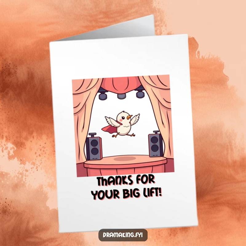 Funny Free Printable Thank You Card: Tiny bird wearing a cape dramatically leaps from a miniature stage, heroic downloadable.