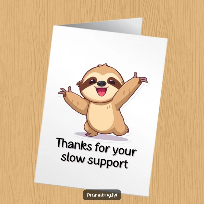 Funny free printable sloth thank you card, in a dramatic, exaggerated pose, expressing gratitude with a relaxed demeanor.