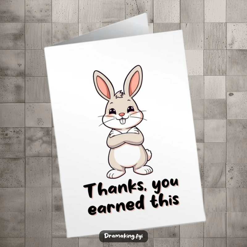 Funny Free Printable Thank You Card: A cheerful bunny with crossed arms holds a dramatic pose, conveying thanks with style.