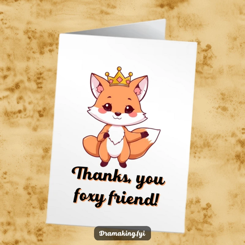 Funny Free Printable thank you card: a fox wearing a crown poses dramatically, conveying thanks with majestic charm.