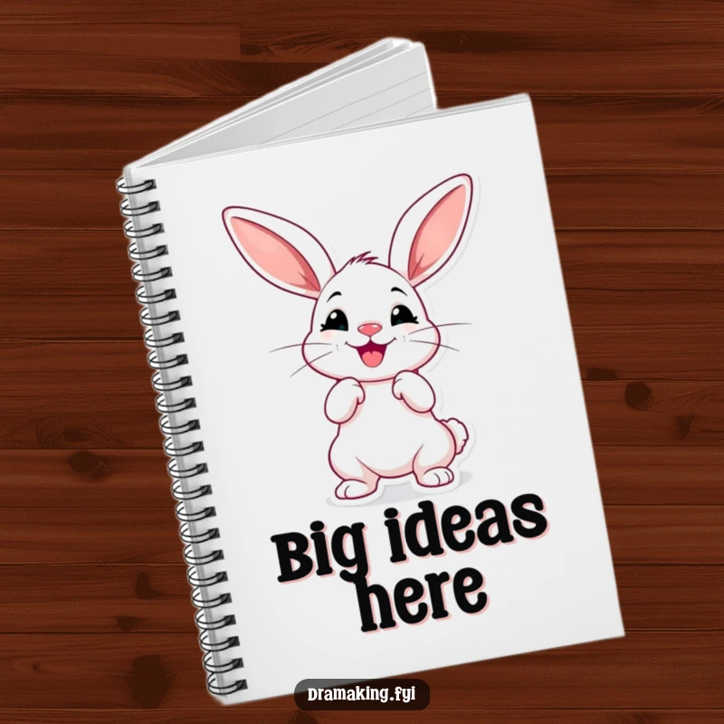 Funny dramatic rabbit notebook, cheerful with oversized ears, striking a pose, perfect for jotting down dramatic ideas.