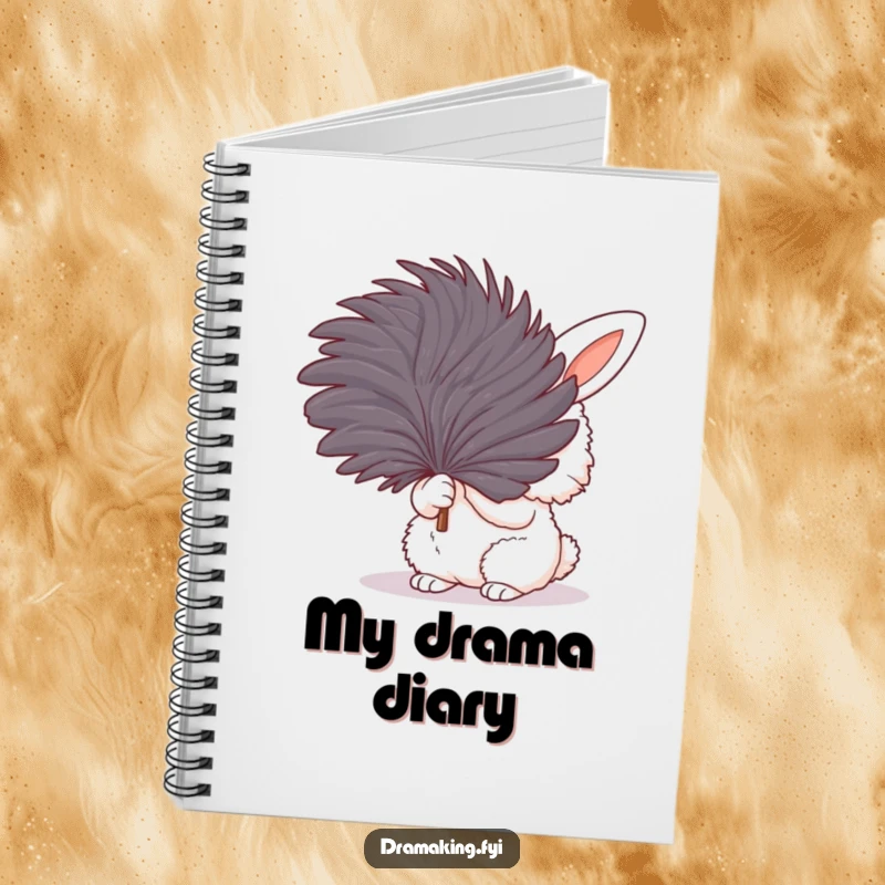 Funny notebook with a fluffy bunny fanning itself dramatically with a feather, perfect for jotting down notes and ideas with humor.